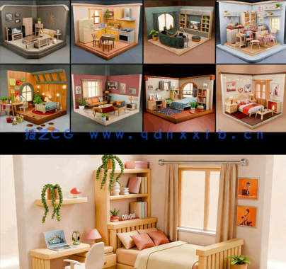 [室内设计] 12组等轴视角迷你小房间室内场景3D模型合集(图1)