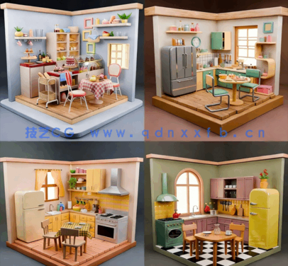 [室内设计] 12组等轴视角迷你小房间室内场景3D模型合集(图2)