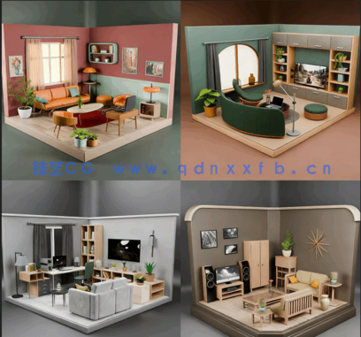 [室内设计] 12组等轴视角迷你小房间室内场景3D模型合集(图3)