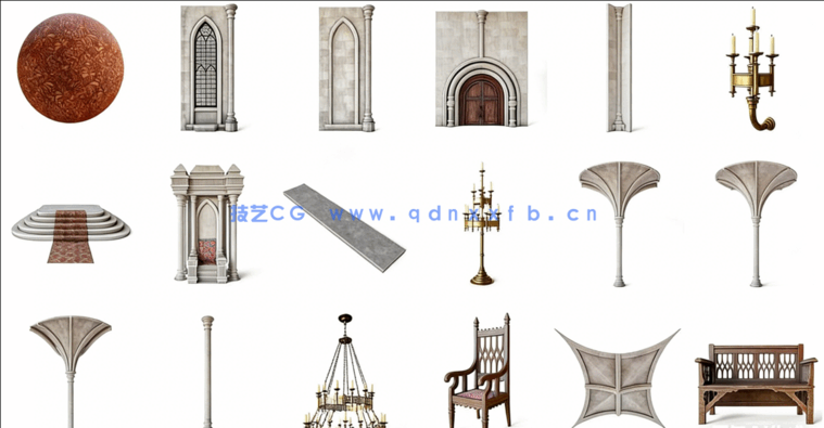 [室内设计] 中世纪哥特风格王座大厅室内场景全套3D模型(图1)