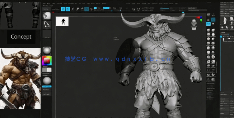 Zbrush逼真牛角战士游戏角色雕刻制作大师班视频教程(图5)