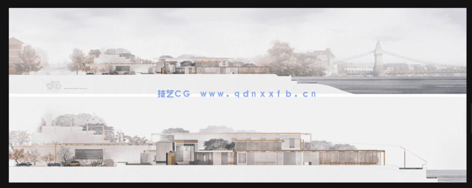  竞赛风拼贴风古风建筑景观鸟瞰剖面立面psd分层ps免扣效果图素材(图1)