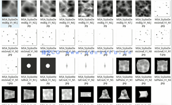 35组钢铁深度材质贴图素材Artstation - 35 Stylize Metal Brushes and 4K Alphas Vol.01(图1)