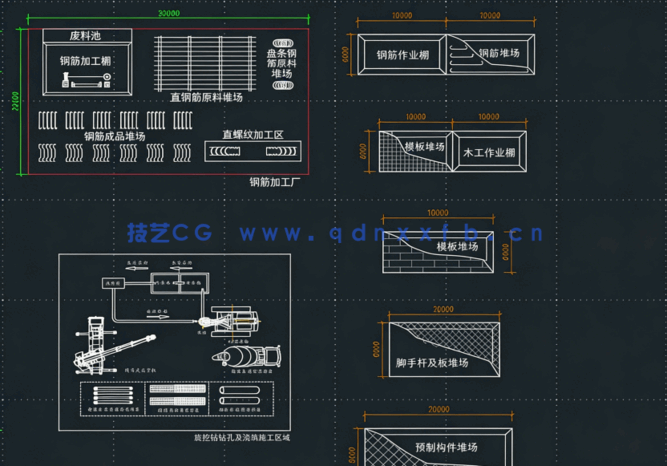 施工平面图图块图例堆场加工厂加工场加工棚消防设施临水临电指北针绿化停车位(图3)