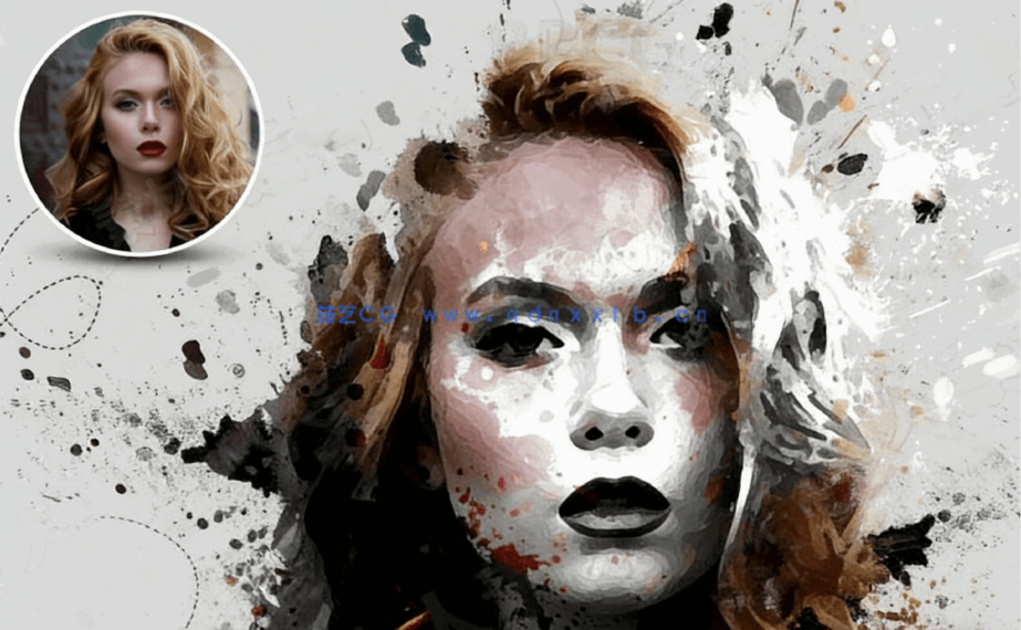 写实水彩迸溅斑点效果人像PSD模板(图2)
