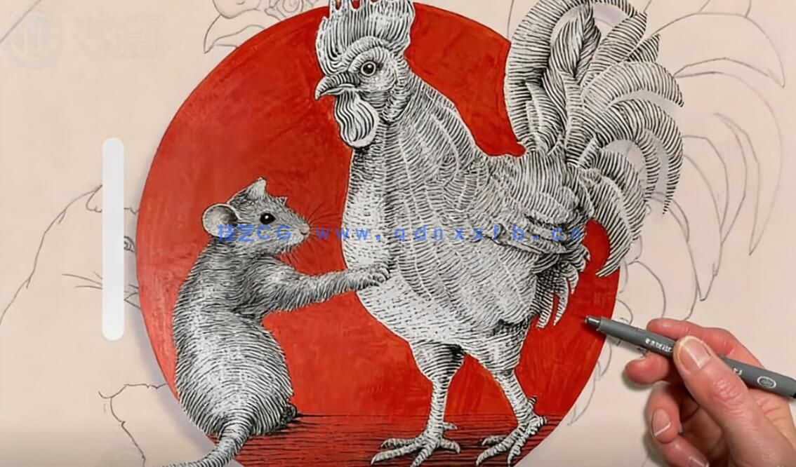 【中文字幕】用钢笔和墨水轻松掌握雕刻风格插画：猫与鸡的绘制(图1)