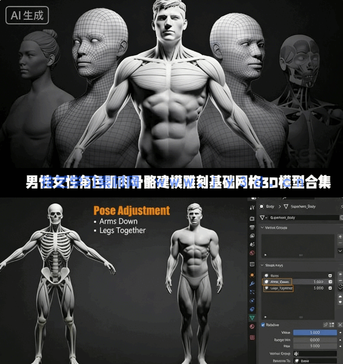 [独立角色] 男性女性角色肌肉骨骼建模雕刻基础网格3D模型合集(图1)