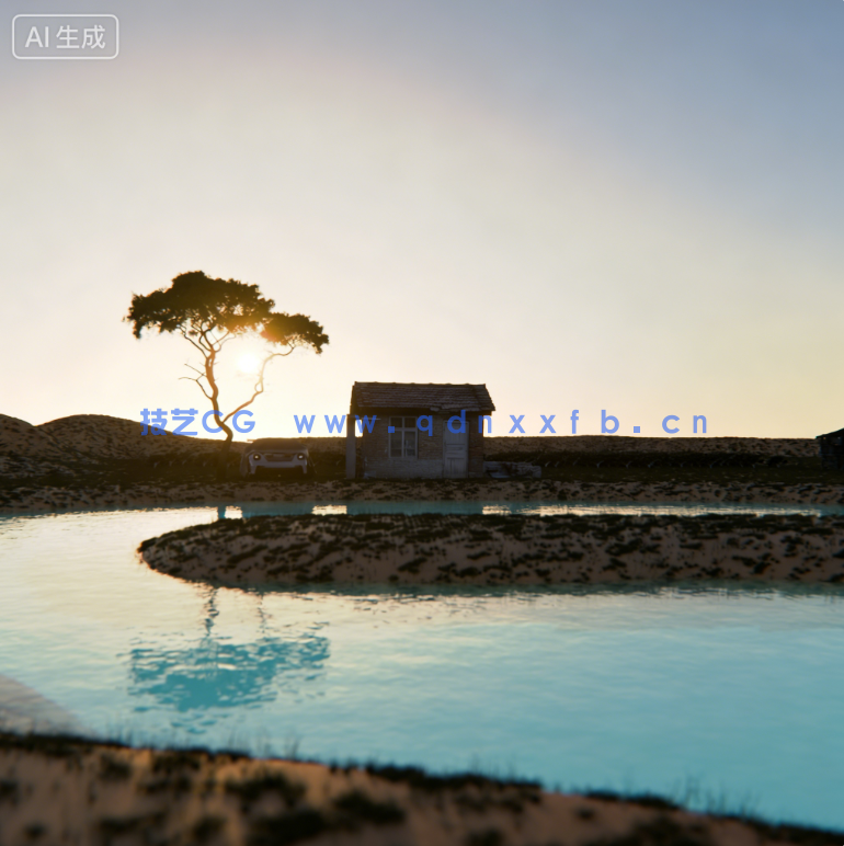 Blender湖面山水风景木屋3d模型场景工程文件带材质灯光素材(图1)